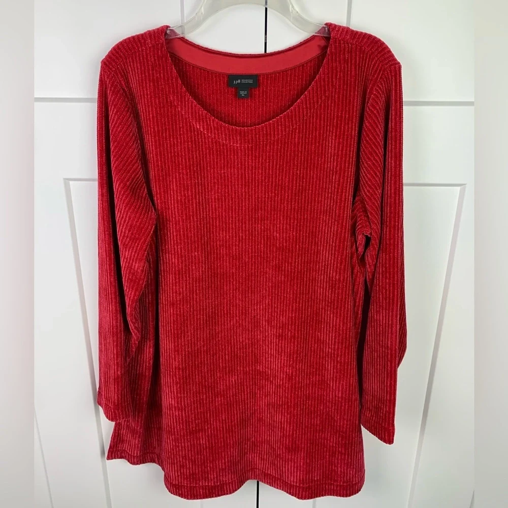 J Jill XL Chenille Knit Sweater Red Scoop Neck Heritage Cozy Classic Mature